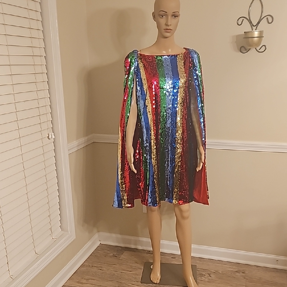 Multicolor Sequin Cape Midi Dress